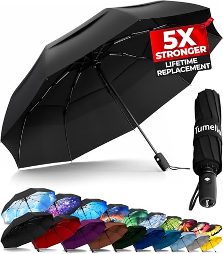 TUMELLA Strongest Windproof Travel Umbrella (Compact, Superior & Beautiful), Small Strong but Light Portable and Automatic Folding Rain Umbrella, Durable Premium Grip, Fits Car & Backpack