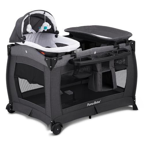 Pamo Babe Deluxe Nursery Center, Foldable Playard for Baby & Toddler, Bassinet, Mattress, Changing Table for Newborn(Black)