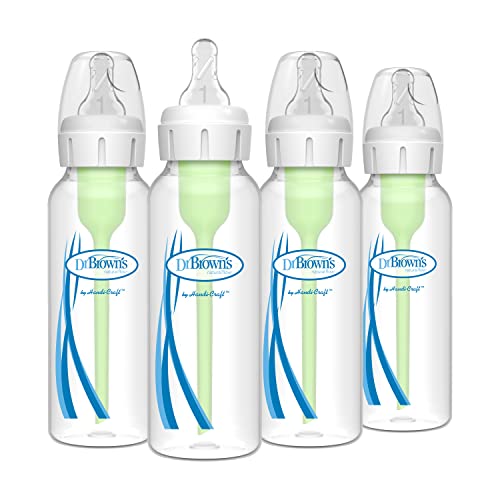 Dr. Brown's Natural Flow Anti-Colic Options+ Narrow Baby Bottle, 8 oz/250 mL, with Level 1 Slow Flow Nipple, 0m+, 4 Bottles