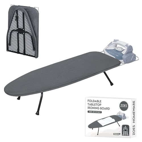 ZOES HOMEWARE Metal Mesh Panel Tabletop Ironing Board | Foldable Iron Board | Heavy Duty Small Iron Board with Heat Resistant Cover and 100% Cotton 8mm Thicken Pad | 31.5'x11.8'x6.2'