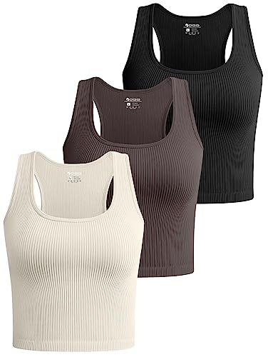 OQQ Women's 3 Piece Crop Tank Tops Ribbed Seamless Workout Sleeveless Shirts Racerback Crop Tops Black Tea Leaf Beige