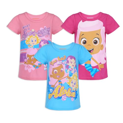 Nickelodeon Bubble Guppies Girls Molly, Deema, Oona and Bubble Puppy 3 Pack T-Shirt for Toddler – Purple/Blue