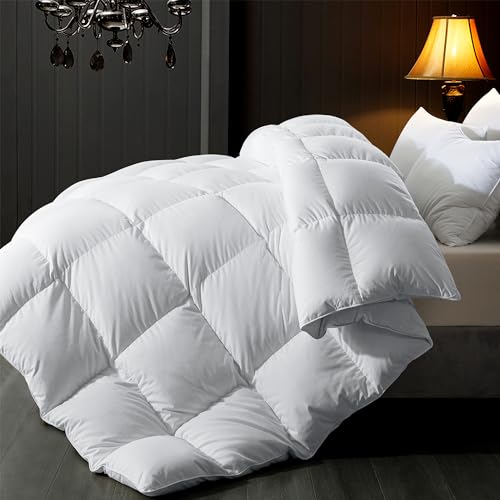 ELNIDO QUEEN Feather Down Comforter Queen Duvet Insert, All Season White Luxury Hotel Fluffy Bed Comforter, Ultra Soft 100% Cotton Cover, Queen Size 90x90 Inch