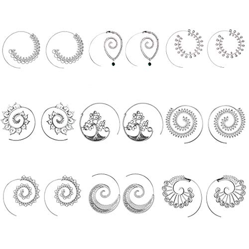 9 Pairs Silver Bohemian Vintage Tribal Swirl Spiral Statement Hoop Earrings Set For Tweens Women (silver)