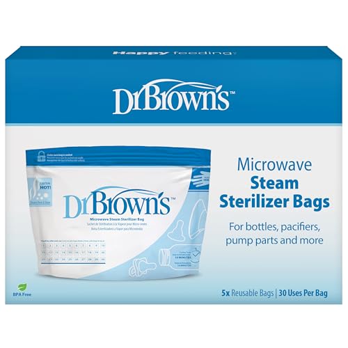 Dr. Brown's Microwave Steam Sterilizer Bags for Baby Bottles, Pacifiers, Pump Parts and Accessories, Travel Baby Bottle Sterilizer, 30 Uses per Bag, 5-Pack