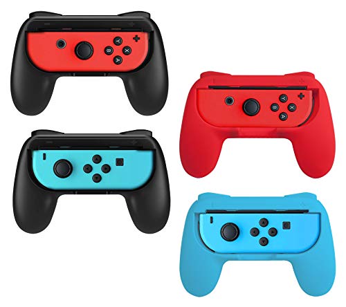 Beastron Comfort Grips Compatible with Nintendo Switch Joy Cons, Sweat-Resistant Handles, 4 Pack, Black, Red & Blue (MATTE FINISH)