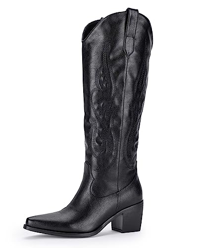 Pasuot Black Cowboy Boots for Women - Knee High Wide Calf Cowgirl Boots with Western Embroidered, Slip On Pointed Toe Chunky Heel Fashion Retro Classic Pull On Tall Boot Long Boots for Ladies Size 8.5