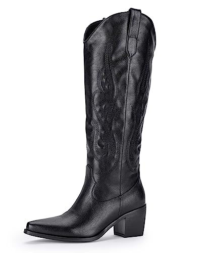 Pasuot Knee-High Wide Calf Cowgirl Boots - Black Pull-On Embroidered Cowboy Boots with Pointed Toe and Chunky Heel for Women Size 8