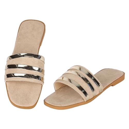 JEUROT Flat Sandals for Women Open Toe Slip On Slides Sandals Casual Summer Slippers Comfortable Beach Shoes Inddor Outdoor (Beige, 9)