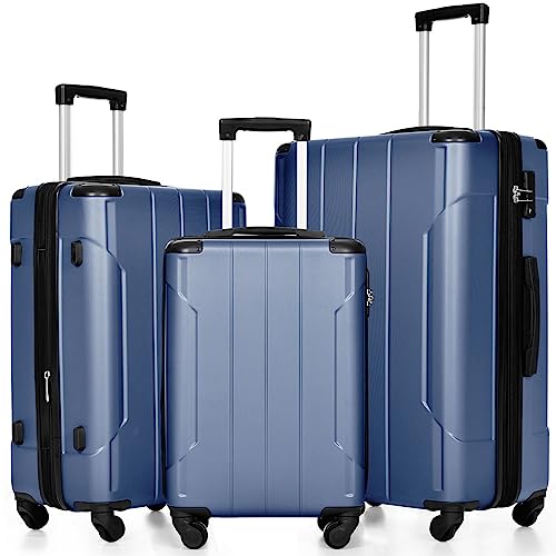 Merax Luggage Expandable Lightweight Spinner Suitcase with Corner Guards (Blue, 3-Piece Set (20/24/28)