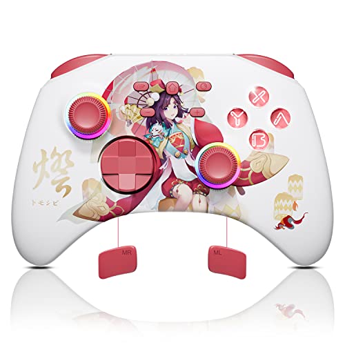 White Wireless Bluetooth Pro Controller for IOS/Android Phone, Switch/OLED/Lite, Steam Deck, PC, Multi Platform with RGB Light, Programmable Back Buttons, Headphone Jack, Anime Girl Touro