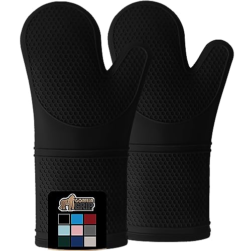 Gorilla Grip Heat and Slip Resistant Silicone Oven Mitts Set, 14.5 in, Soft Cotton Lining, Waterproof, BPA-Free, Extra Long Thick Gloves for Cooking, BBQ, Kitchen Mitt Potholders, Black
