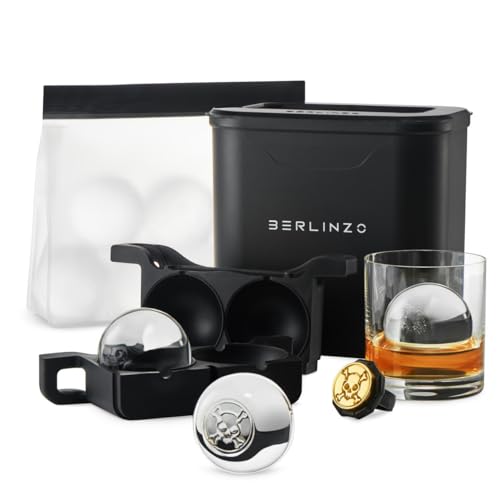 Berlinzo Premium Clear Ice Ball Maker [2024 Upgraded] - 2 Large 2.4-inch Crystal Clear Ice Balls for Whiskey Cocktail, Easy-to-Remove Ice Sphere Mold - Bonus Storage Bag & Ice Stamp Press Ring, Black