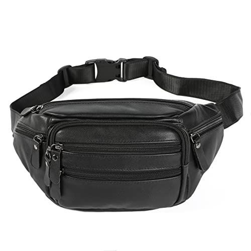 OrrinSports Black Leather Fanny Pack for Men & Women, Fashionable Multi-Pockets Waist Belt Bag for Travel Sports Hiking Cycling Fishing Running