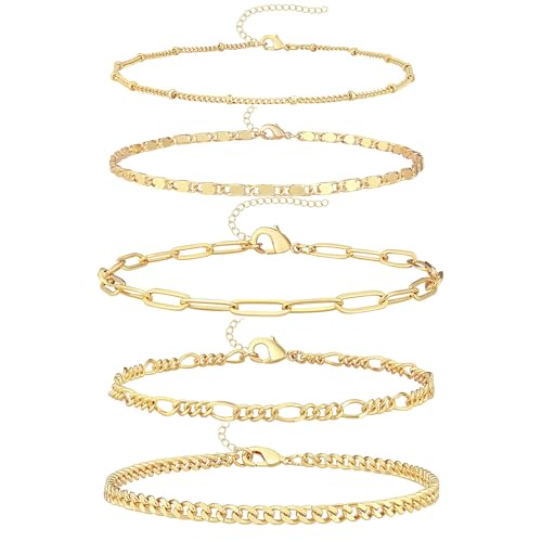 Gokeey Gold Bracelets Jewelry Gifts Set for Women Fashion Dainty Gold Adjustable Layered Link Chain Bracelet Pack for Women 14K Real Gold Cute 5pcs