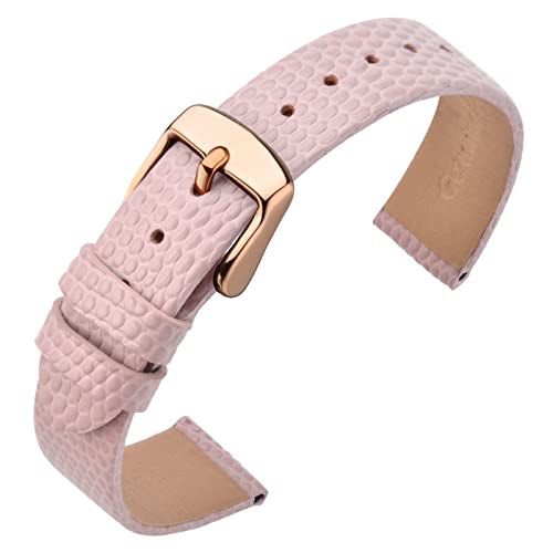 ANNEFIT Women's Leather Watch Band 16mm with Rose Gold Buckle, Lizard Grain Slim Thin Replacement Strap (Pink)