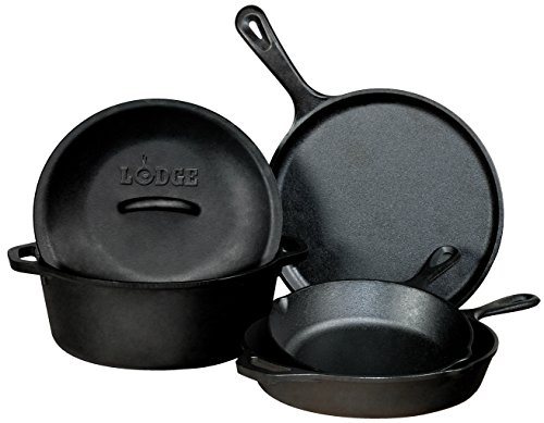 Lodge Seasoned Cast Iron 5 Piece Bundle. 10.5' Griddle, 8' Skillet, 10.25' Skillet, 10.25' Dutch Oven, and 10.25' Lid,Black