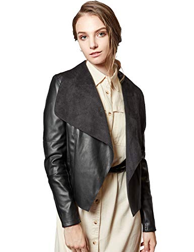 Escalier Women's Faux Leather Jackets Slim Open Front Lapel Blazer Jackets Black Medium