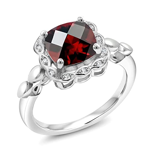 Gem Stone King 925 Sterling Silver Red Garnet and White Created Sapphire Women Engagement Ring (2.50 Ct Cushion Checkerboard Cut) (Size 6)