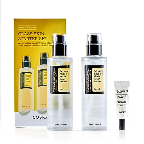 COSRX Glass Skin Starter Set, Advanced Snail 96 Mucin Power Essence (3.38 fl.oz*2) & Retinol 0.1 Cream Mini (0.1 oz), Daily Hydrating & Firming Skincare Kit for Beginners, Gift Set, Korean Skincare