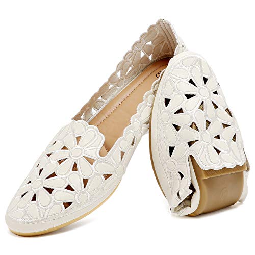 HEAWISH Women's Floral Ballet Flats for Women Black Beige Slip On Flowers PU Leather Round Toe Dress Shoes(Beige,US8)