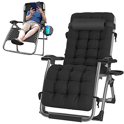 HEY FOLY Zero Gravity Chairs,Gravity Recliner Chair for Indoor Outdoor,XL Padded Patio Lounge Chair with Headrest, Patio Lawn Lounge Chair,Upgrade Aluminum Alloy Lock, Cup Holder,Support 440lb,Black