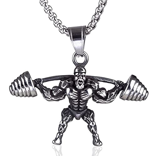 LRGKMCWTOB Man's Hip Hop Stainless Steel Hercules Weightlifting Barbell Pendant Stainless Steel Necklace Muscle Men Sport Gym Fitness Bodybuilding Pendant Necklaces Fitness Accessories Jewelry