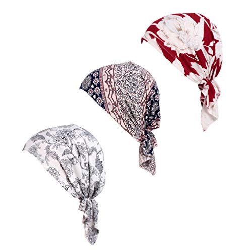 Pre Tied Chemo Head Scarf 3 Packed Beaine Skull Cover Cap for Women (Set3)