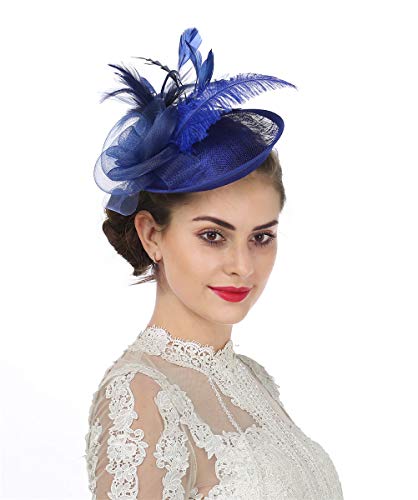 SAFERIN Fascinators Hat Sinamay Flower Mesh Feathers on a Headband and a Clip Tea Party Headwear for Girls and Women (TA4-Sapphire Blue)