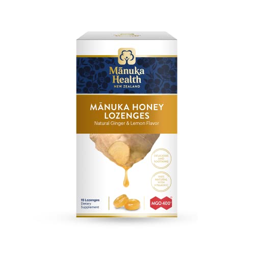 Manuka Health Manuka Honey Lozenges – 15 Lemon and Ginger Flavored Lozenges – Natural Throat Lozenges Infused with Raw Manuka Honey and Vitamin C for Immune Support