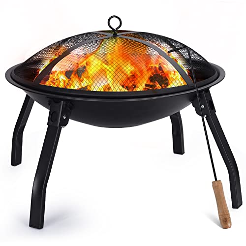 Cogesu Fire Pit, 22in Foldable Wood Burning Fire Pits for Outside, FirePit with Carry Bag, Spark Screen & Poker, Pack Grill, Folding Legs for Camping, Picnic, Bonfire