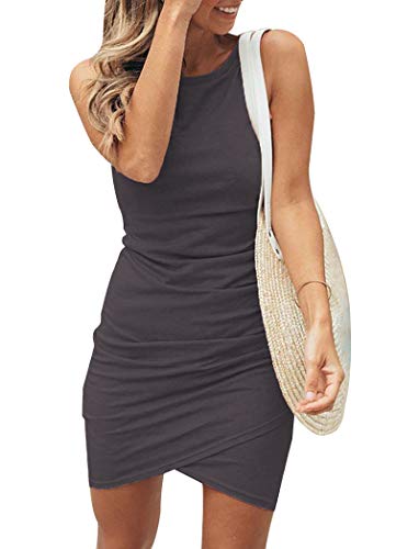 BTFBM Women 2024 Summer Sleeveless Tank Dresses Crew Neck Slim Fit Short Casual Ruched Bodycon Party Club Mini Dress(Dark Grey, Small)