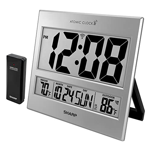 Sharp Atomic Clock - Atomic Accuracy - Never Needs Setting! -Silver Tech Style - Jumbo 3' Easy to Read Numbers - Indoor/Outdoor Temperature Display with Wireless Outdoor Sensor - Easy Set-Up!