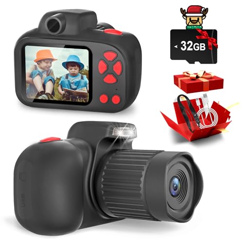 Temodu Kids Camera, Best Birthday Festival Toys Gifts for Girls Boys Age 3 4 5 6 7 8 9 10 11 12 Year Old, Digital Camera for Kids with Video, Toy Camera Toddler Camera for Girls with 32GB Card - Black
