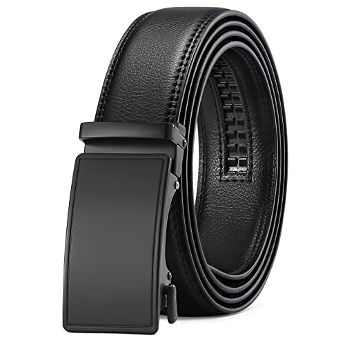 SENDEFN Men's Leather Belt Automatic Ratchet Buckle Slide Belt for Dress Casual Trim to Fit with Gift Box(A-black-31, 42'' to 52'' Waist Adjustable)