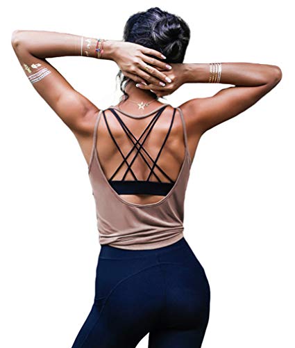 OYANUS Womens Summer Workout Tops Sexy Backless Yoga Shirts Loose Open Back Running Sports Tank Cute Muscle Sleeveless Gym Fitness Quick Dry Activewear Clothes for Women Bisque M
