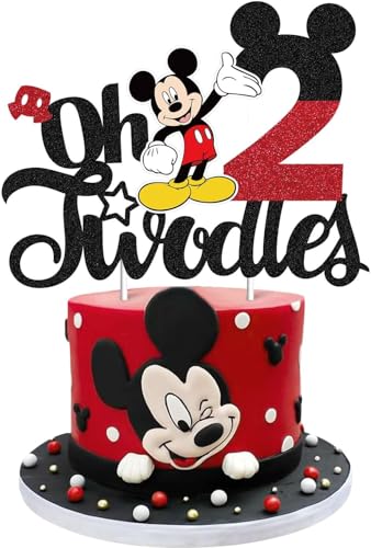 Oh Twodles Cake Topper, Mouse Cake Topper 2nd Birthday Decor Cartoon mouse theme Birthday Party Decorations Supplies For Boys(Double-sided)