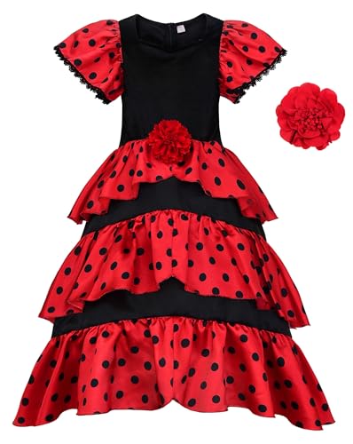 ReliBeauty Girls Flamenco Costume Spanish Dancer Skirt Kids Halloween Fancy Dress with Red Flower, 5/120