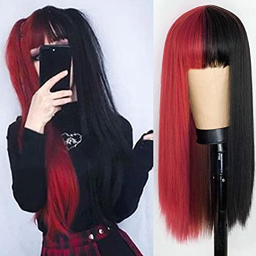 Kaneles Long Half Red Half Black Wigs with Bangs Straight Halloween Cosplay Women Wigs Synthetic Hair Wigs