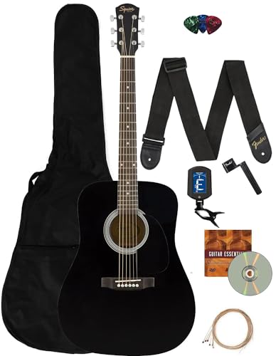 Fender Squier Dreadnought Acoustic Guitar - Black Learn-to-Play Bundle with Gig Bag, Strap, Strings, String Winder, Picks, Fender Play Online Lessons, and Austin Bazaar Instructional DVD