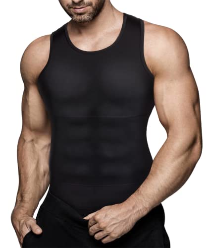 Mens Compression Shirt Slimming Body Shaper Vest Workout Tank Tops Abs Abdomen Undershirts(Black, L)