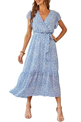 PRETTYGARDEN Women's 2024 Floral Boho Dress Wrap V Neck Short Sleeve Belted Ruffle Hem A-Line Flowy Maxi Dresses (Light Blue,Large)