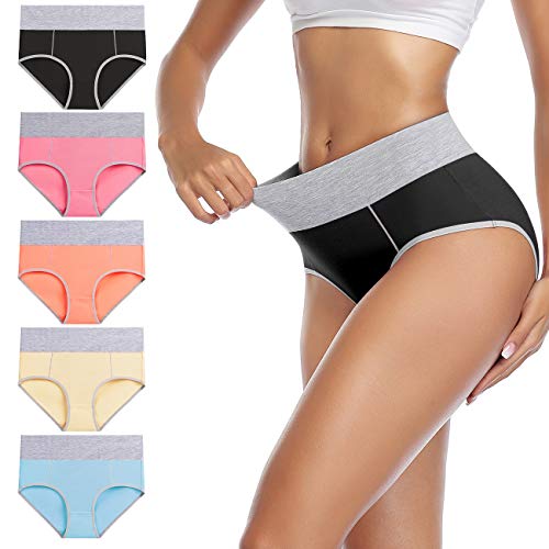 wirarpa Women's Cotton Underwear High Waist Briefs Ladies Soft Breathable Panties Full Coverage Underpants 5 Pack Large