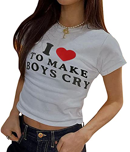 I Love to Make Boys Cry Y2K Crop Top Baby Tee Womens Graphic Shirt Short Sleeve White S