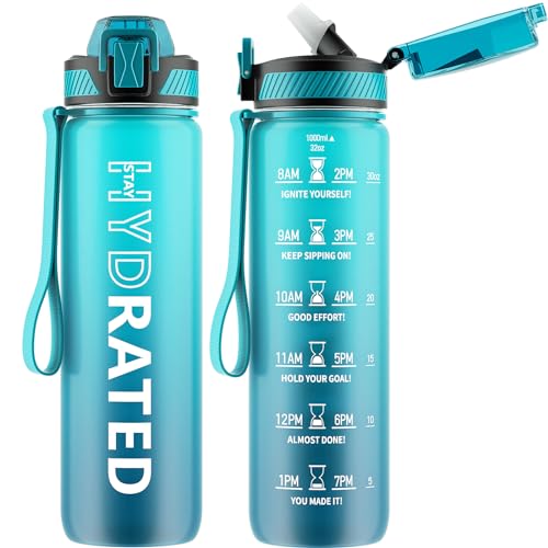 QLUR Water Bottle with Straw, 32 oz Motivational Water Bottles with Time Marker to Drink, Tritan BPA Free, 1L Sports Water Bottle with Carry Strap LeakProof for Men Gym Fitness Outdoor (1 Pack)