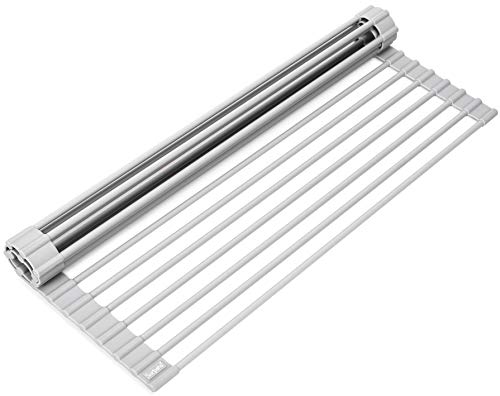 Surpahs Over Sink Foldable Multipurpose Roll-Up Dish Drying Rack, Silicone Wrapped Stainless Steel, Warm Gray, 17.5' x 13.1'