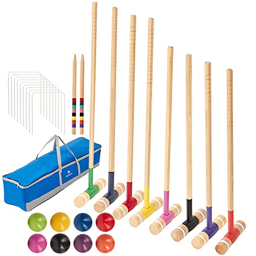 SpeedArmis 8 Players Croquet Set with 32In Regulation | 28In Standard Size Rubber Wood Mallets, Colored PE Ball, Wickets, 21In End Stakes - Lawn Backyard Game Set for Teens/Adults/Family