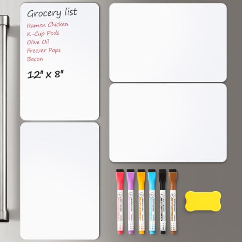 4 PACK Magnetic Dry Erase Board Sheet for Fridge, 12'x8' Erasable Refrigerator WhiteBoard w/ 6 Markers & 1 Eraser- Smooth and Flexible Small Magnet Blank Notepad for Home Kitchen Organizer and Planner