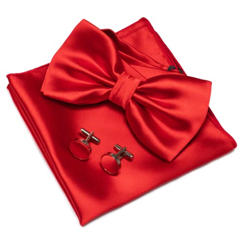 JEMYGINS Red Bow Tie Pre-tied Silk Bowtie and Pocket Square Cufflinks Sets for Men