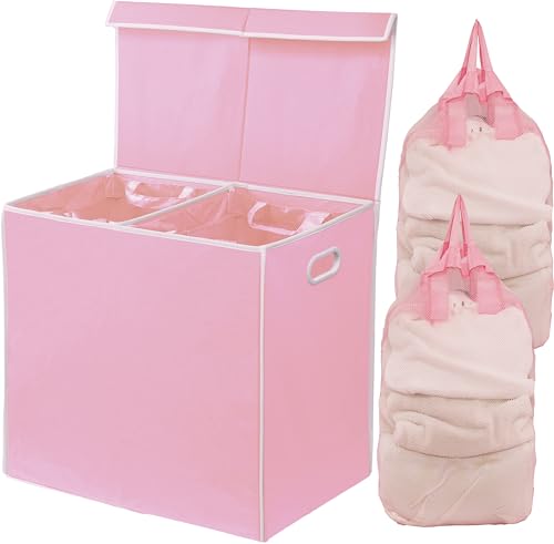 SimpleHouseware Double Laundry Hamper with Lid and Removable Laundry Bags, Pink